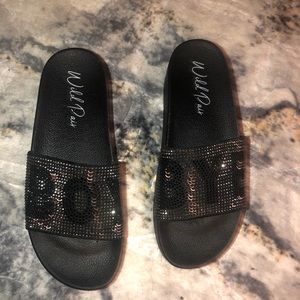 Blingy black fun “BOY BYE “wedge slides, versatile wear, cute and comfy.